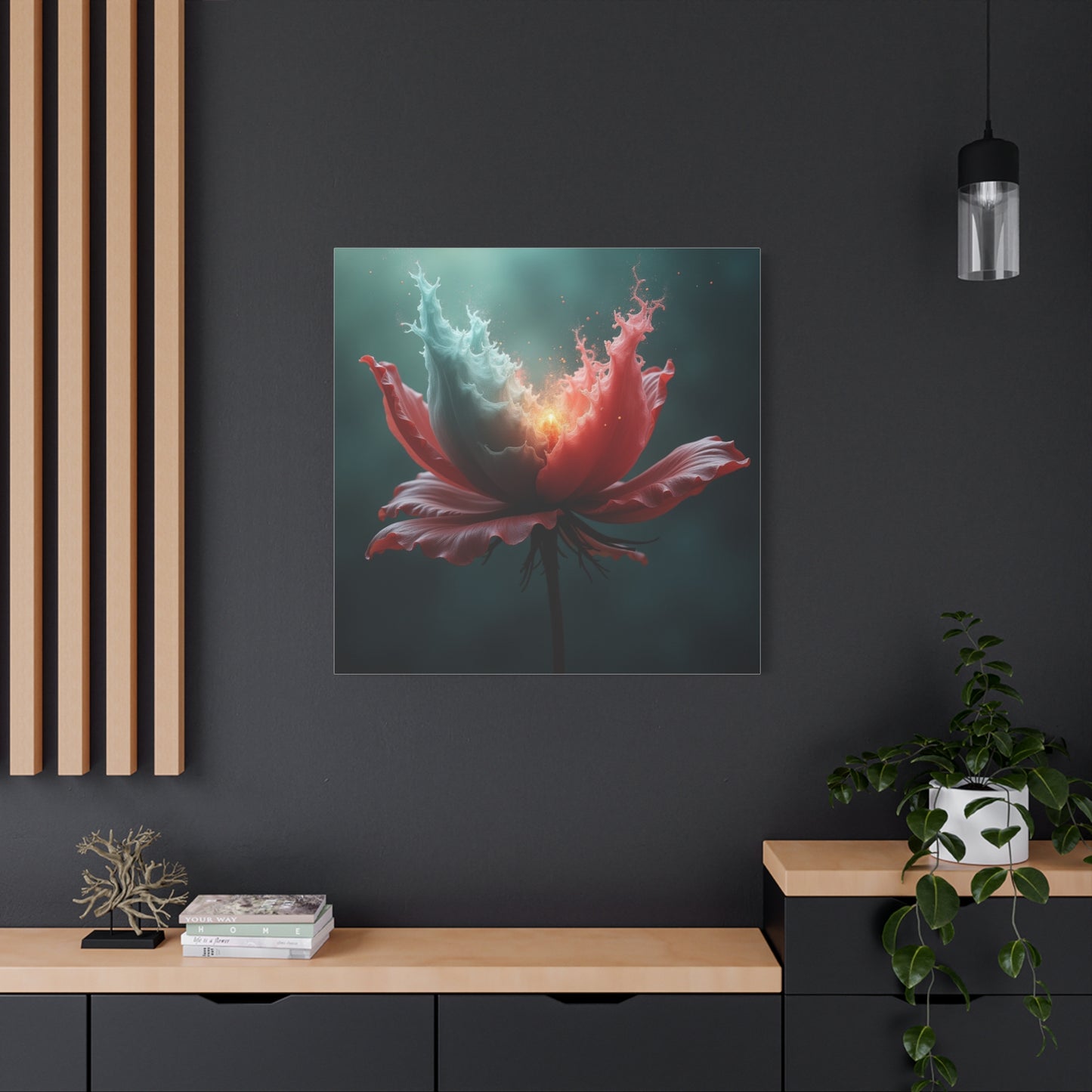 Surreal Bloom Canvas Art — Fiery Red & Teal Flower Matte Stretched Print
