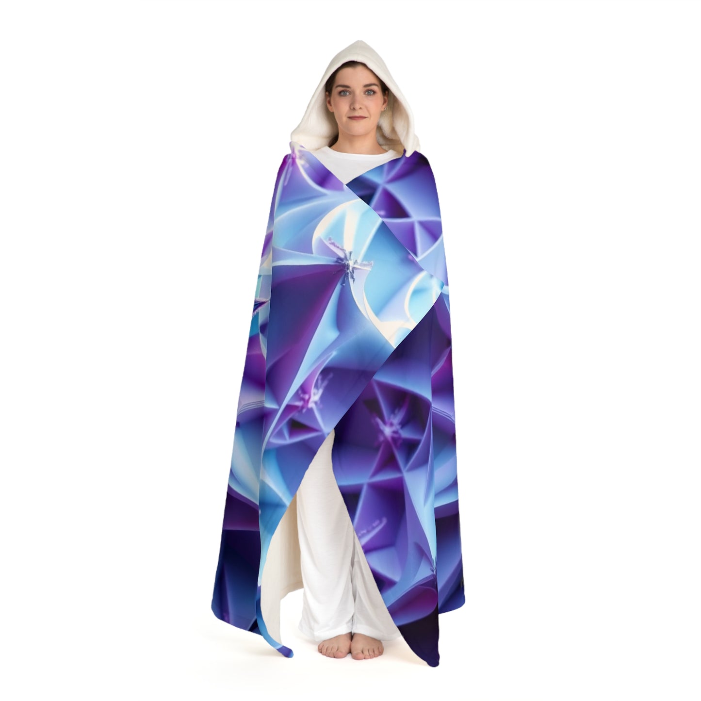 Hooded Sherpa Blanket — Blue Purple Geometric Floral Cozy Throw