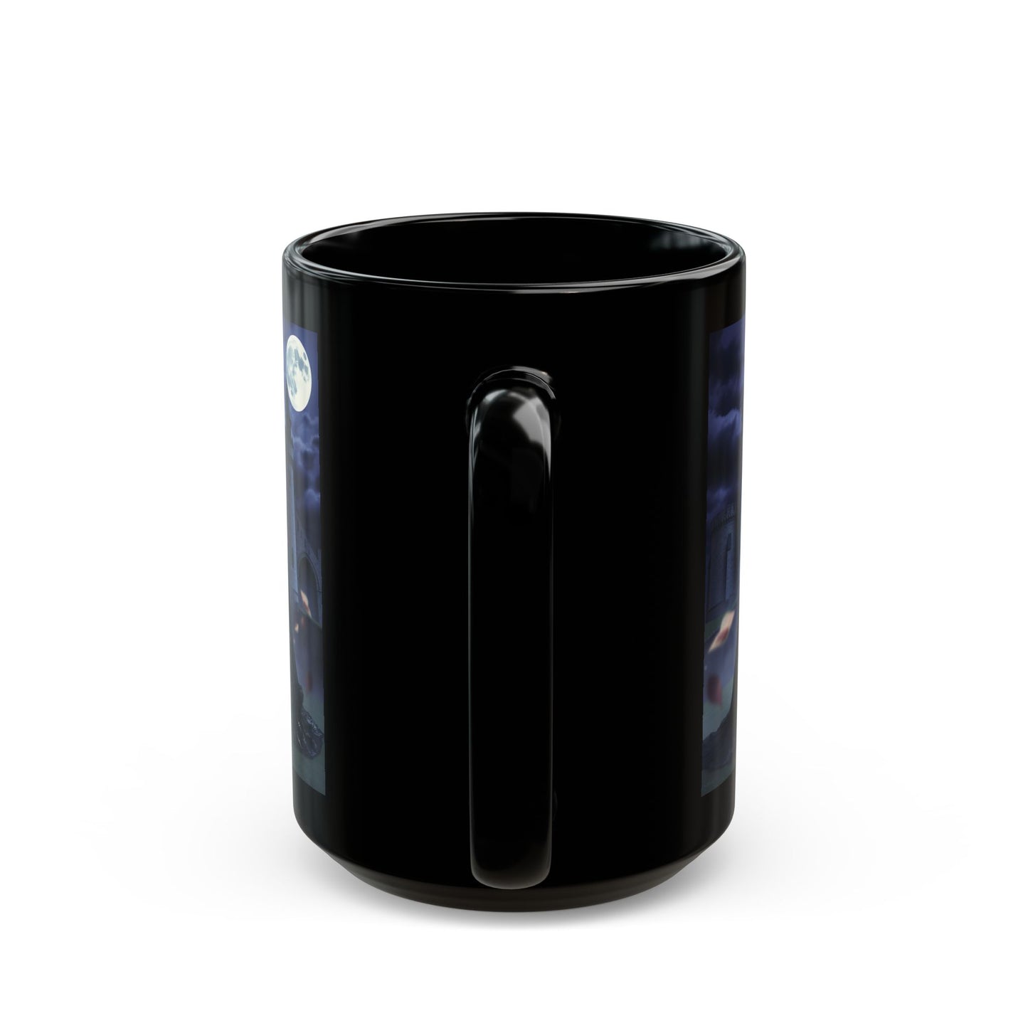 Gothic Moonlit Witch Black Coffee Mug — Dark Castle Night Scene (11oz/15oz)
