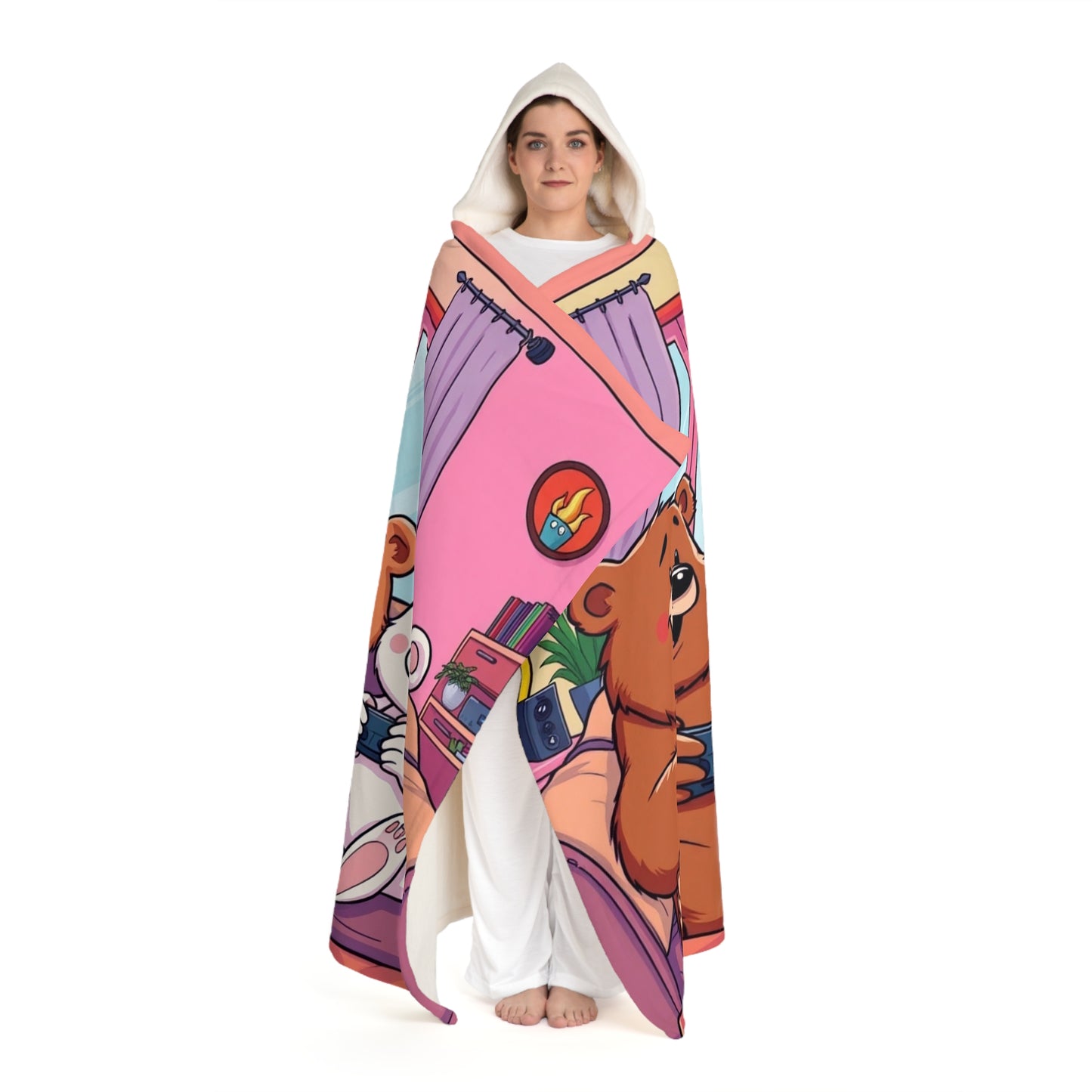 Hooded Sherpa Blanket — Cute Teddy & Cozy Room Illustration