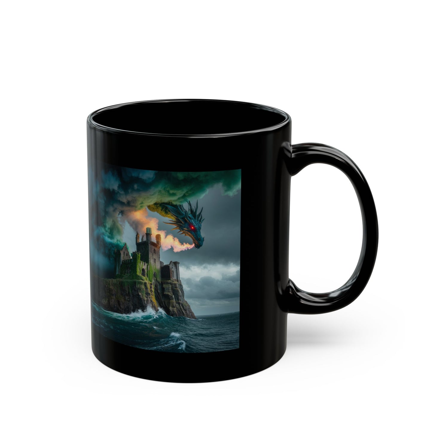 Fantasy Dragon Art Black Mug, Gift for Dragon Lovers, Unique Coffee Cup, Mythical Creature Gift, Brave Adventurer Mug, Fantasy Home Decor