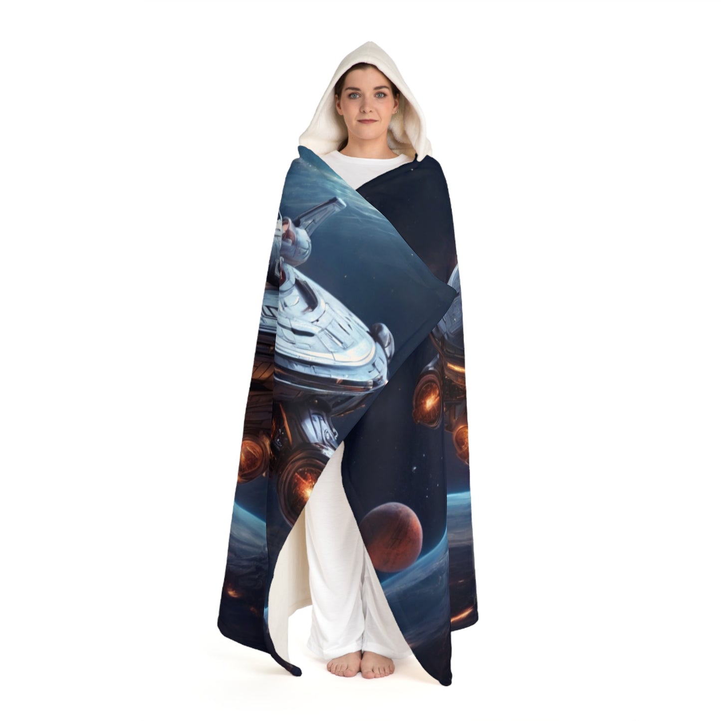 Hooded Sherpa Blanket — Space Galaxy Ship Print Cozy Throw