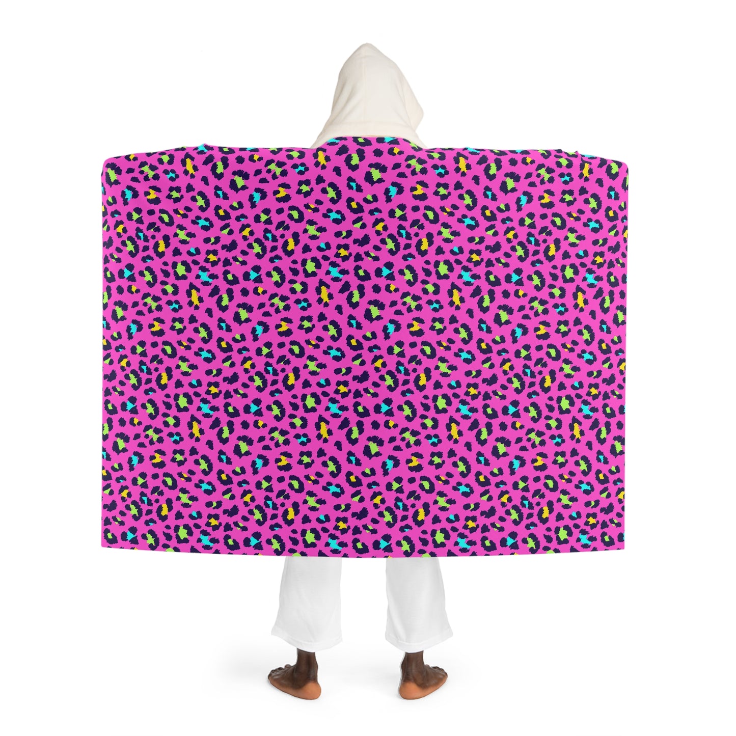 Hooded Sherpa Blanket — Pink Neon Leopard Print Cozy Throw