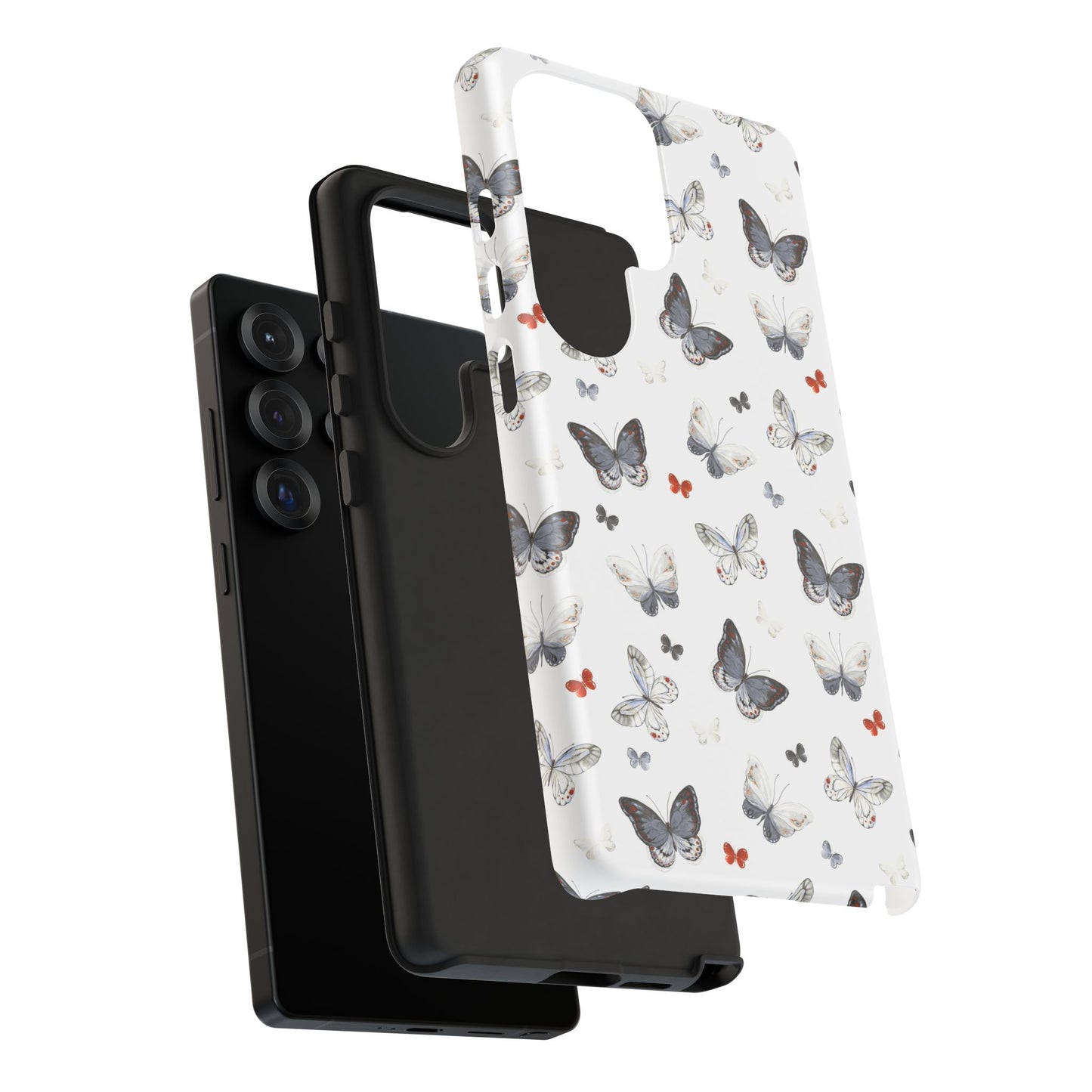 Samsung Butterfly Pattern Phone Case — Elegant Monochrome & Red Accent Protective Case