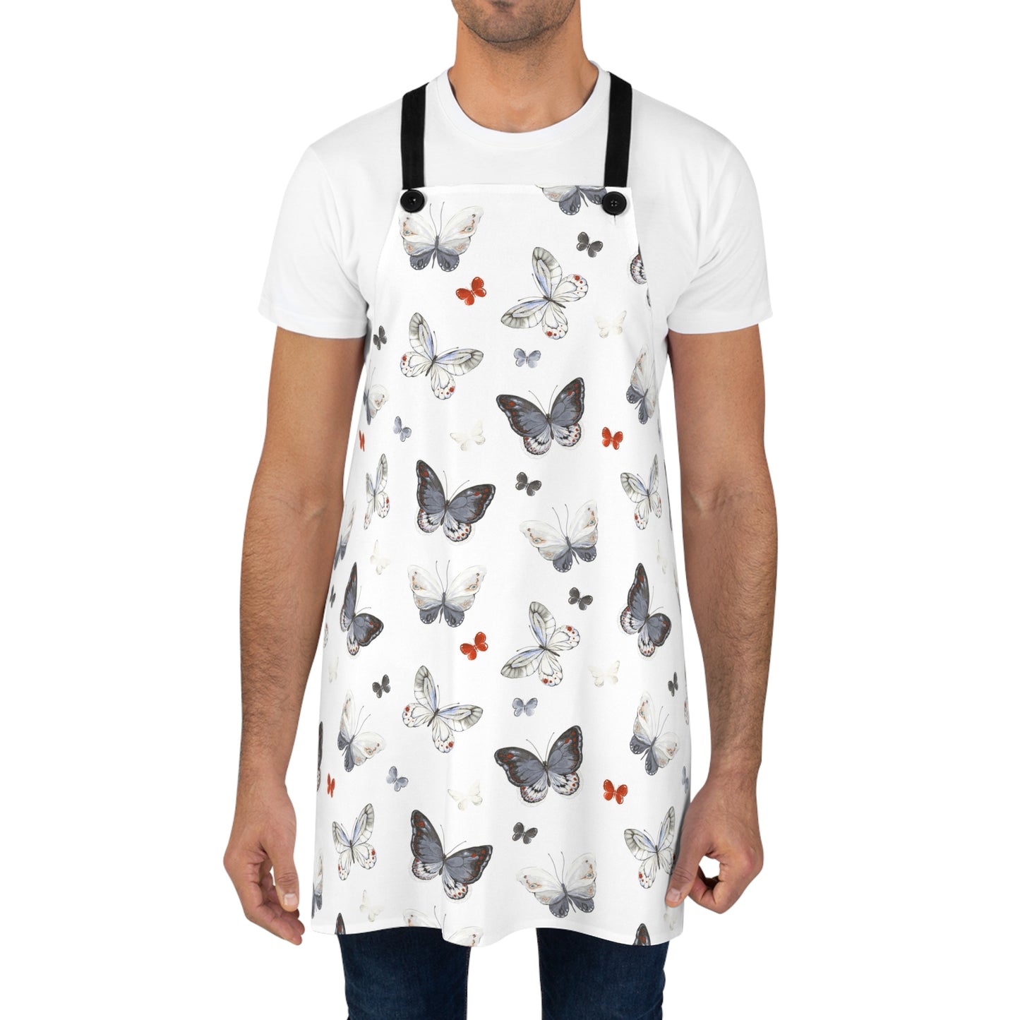 Butterfly Print Apron — Delicate Grey & Orange Butterflies, Lightweight Kitchen Apron