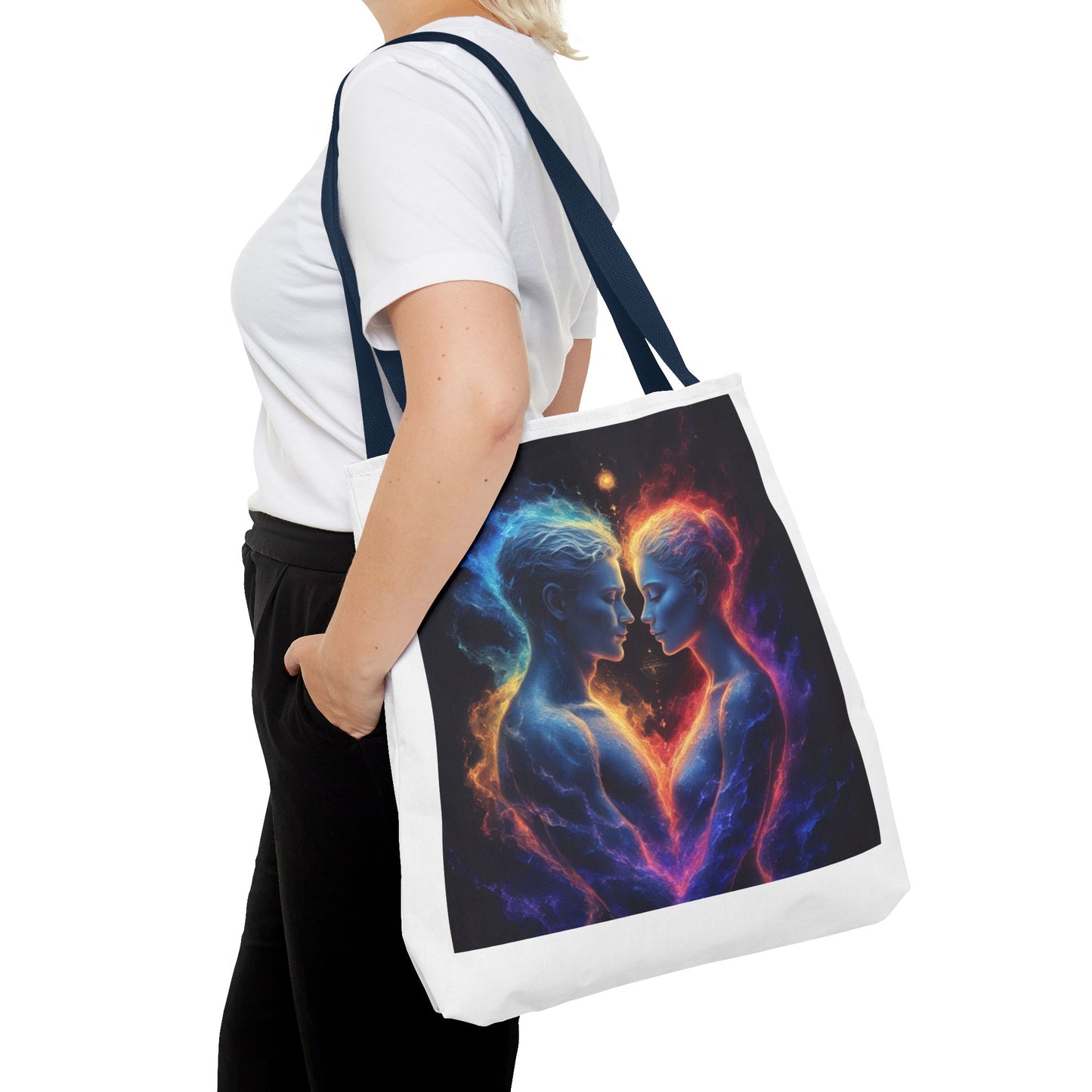 Cosmic Lovers Tote Bag — Neon Fire & Ice Couple Art AOP Tote