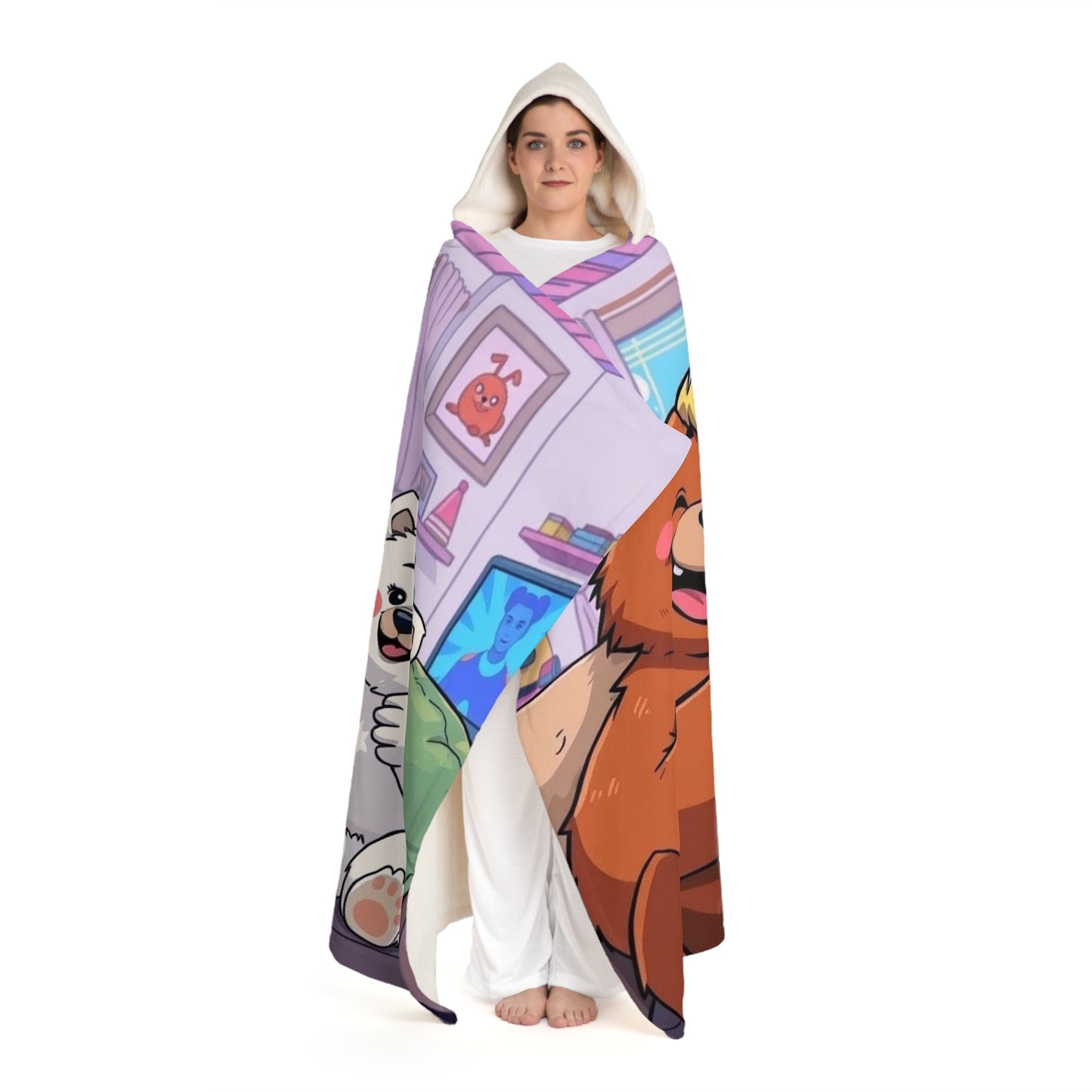 Hooded Sherpa Blanket — Cozy Cute Cartoon Pets Print