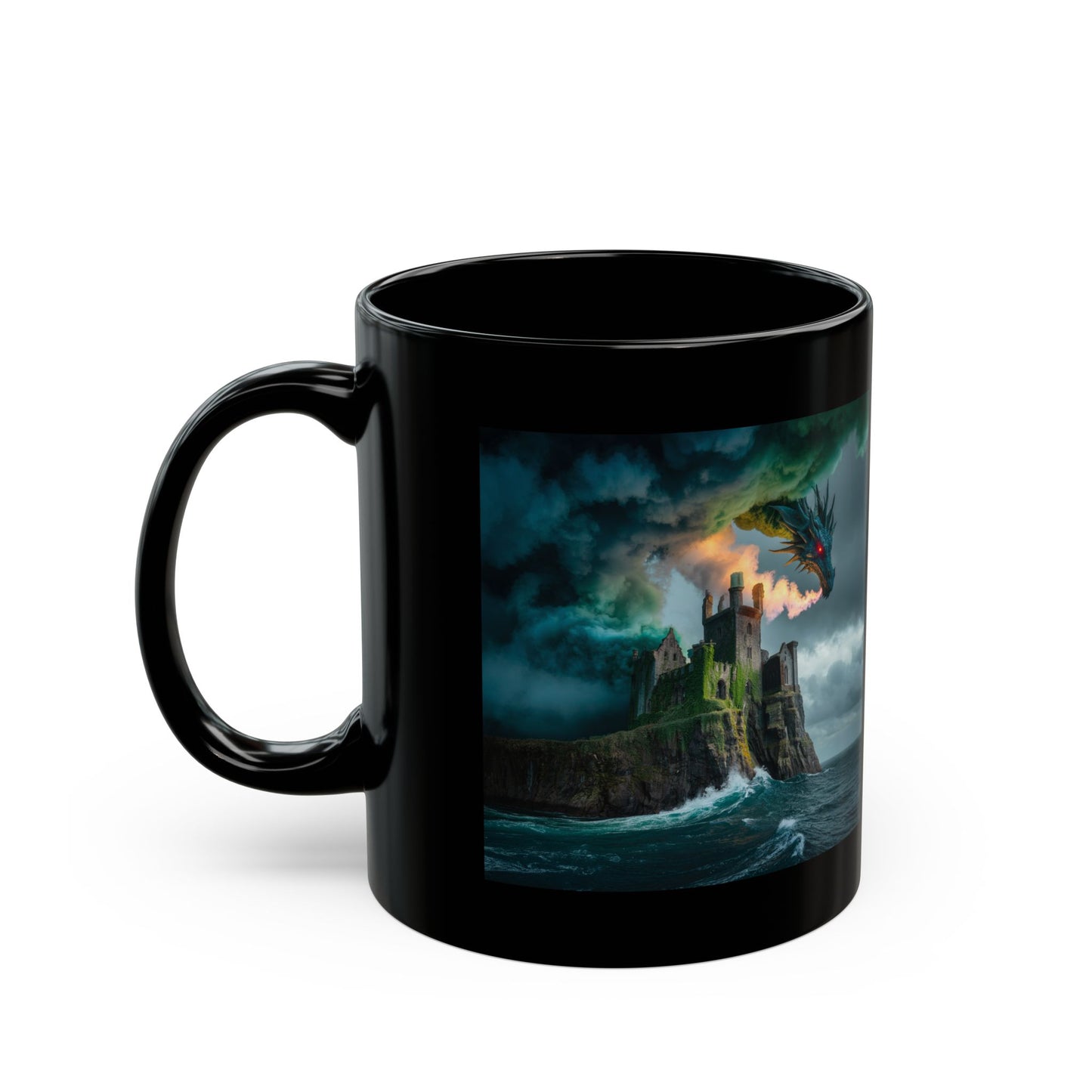 Fantasy Dragon Art Black Mug, Gift for Dragon Lovers, Unique Coffee Cup, Mythical Creature Gift, Brave Adventurer Mug, Fantasy Home Decor