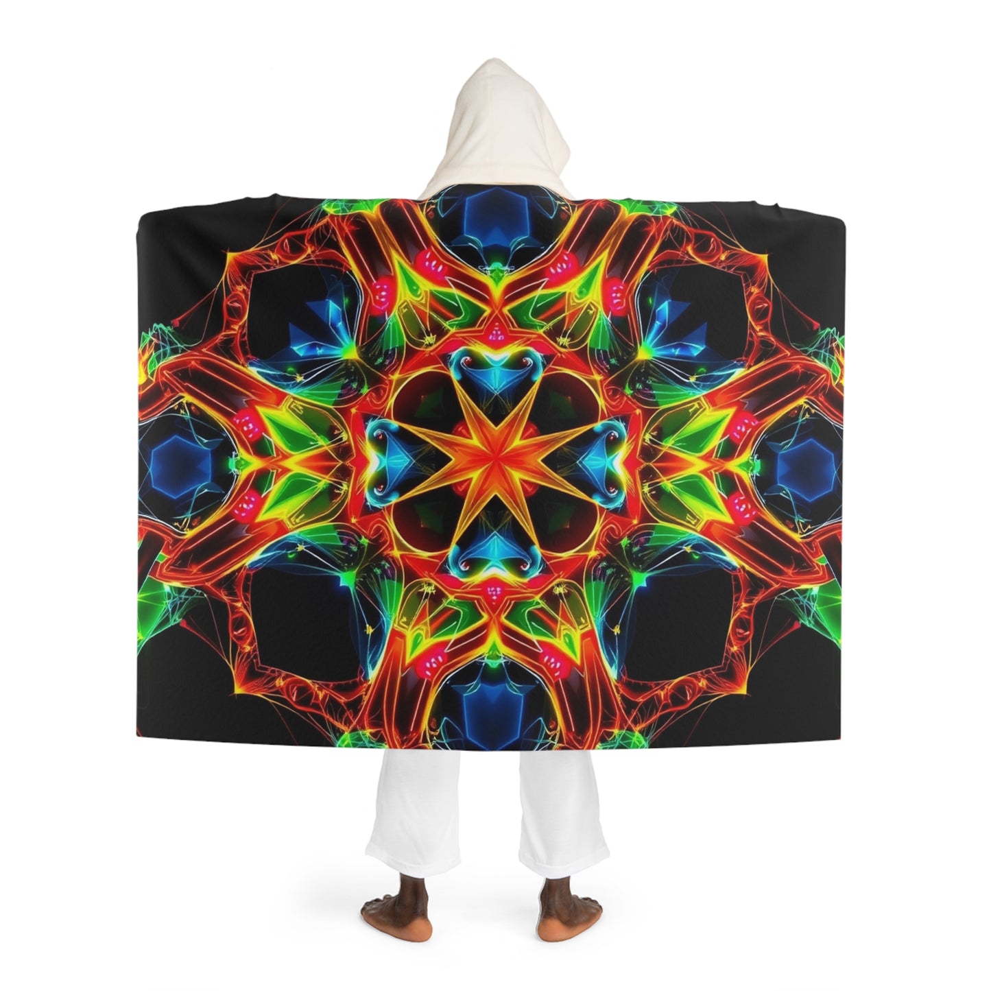 Hooded Sherpa Blanket — Vibrant Neon Geometric Flame Design, Cozy Wearable Throw
