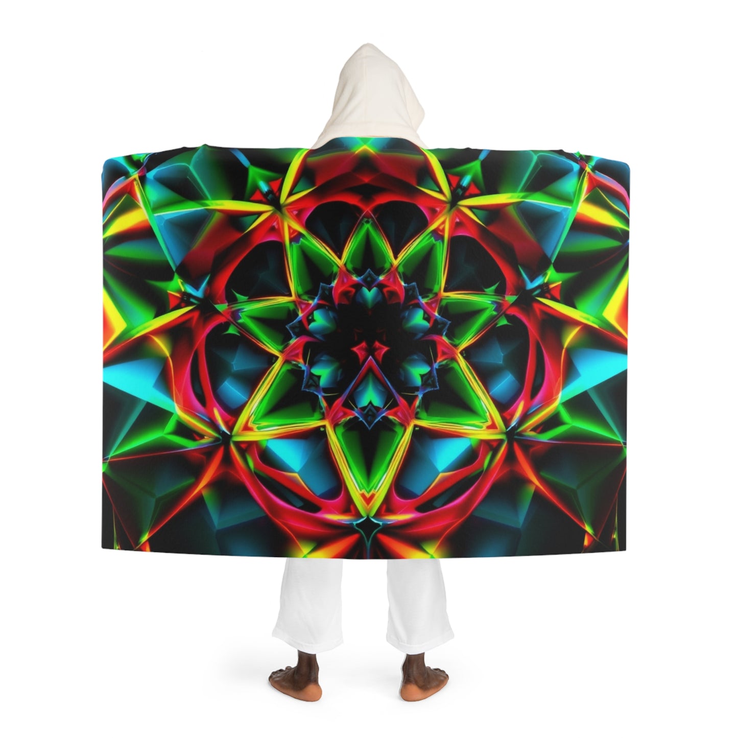 Hooded Sherpa Blanket — Neon Prism Geometric Hooded Fleece