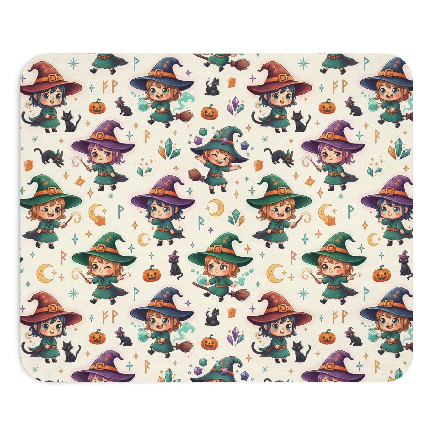 Cute Witch Pattern Mouse Pad — Kawaii Halloween Desk Mat