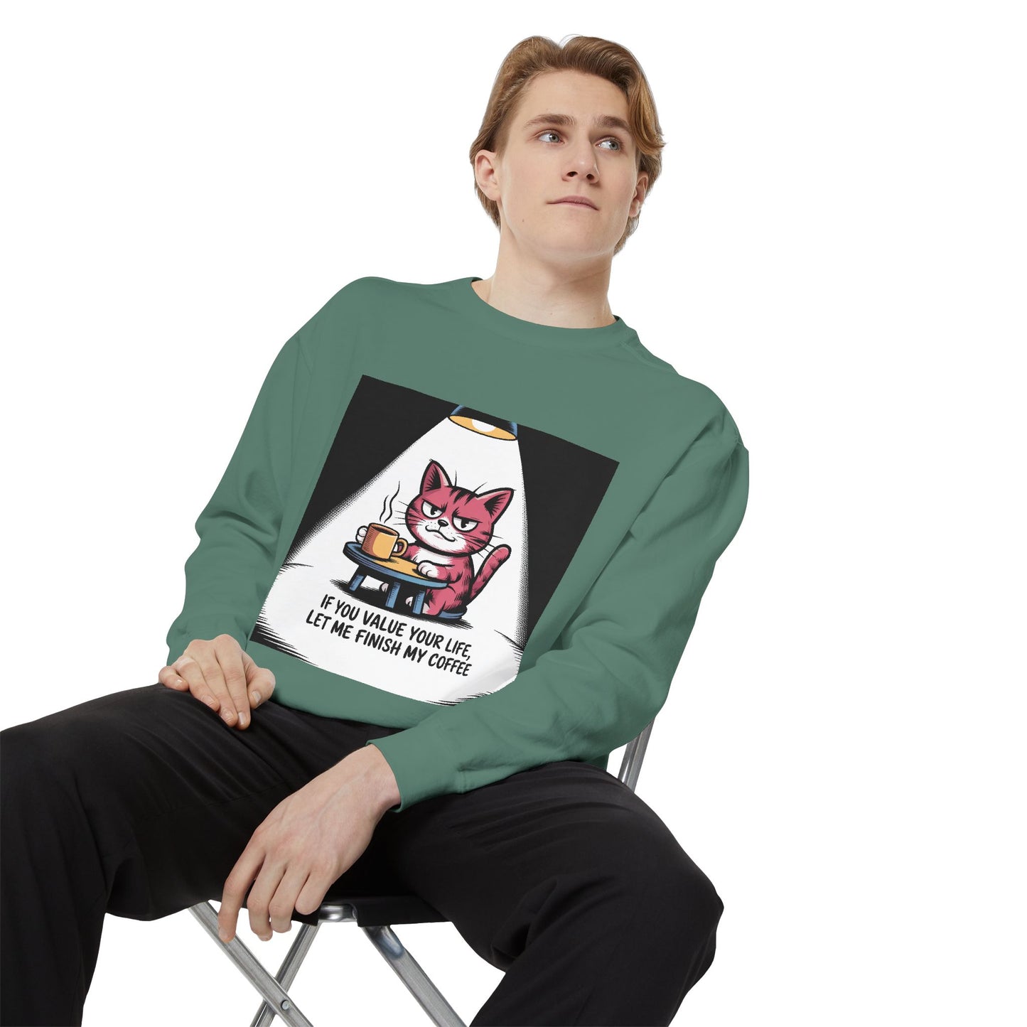 Lustiges Katzen-Sweatshirt – „Wenn dir dein Leben lieb ist, lass mich meinen Kaffee austrinken“ – Kuscheliger Pullover mit Grafikprint