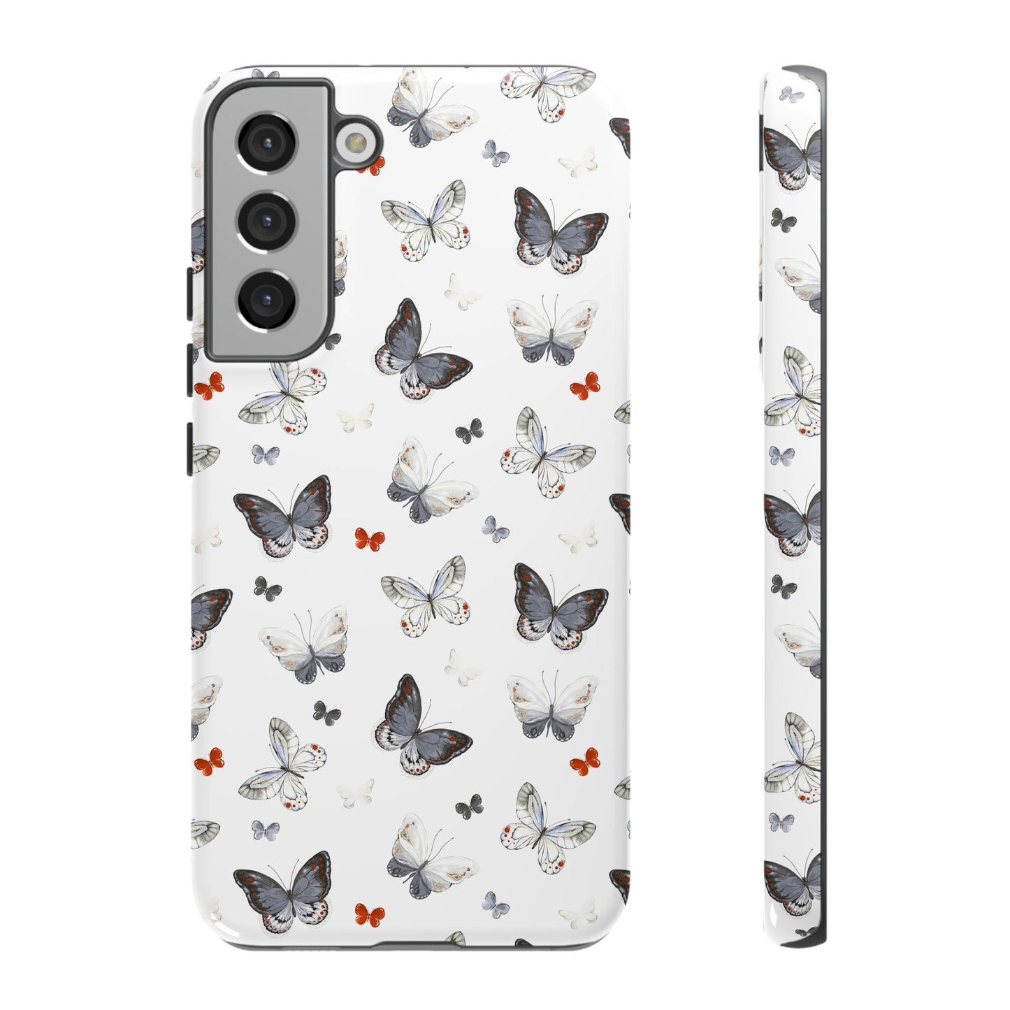 Funda para Samsung con diseño de mariposas: elegante funda protectora monocromática con detalles en rojo