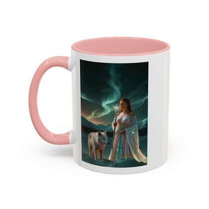 Taza de café Aurora Guardiana — Arte fantástico de mujer con lobo