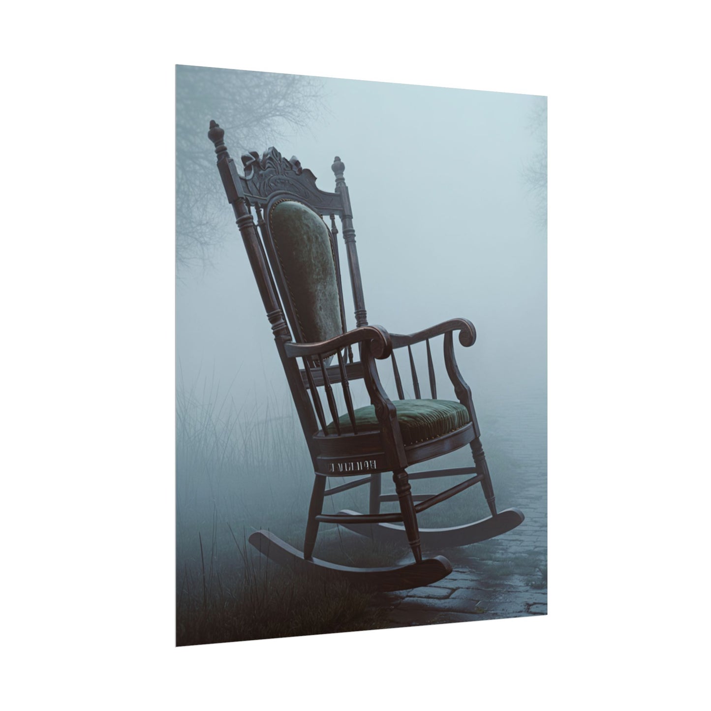 Vintage-Schaukelstuhl-Poster – Stimmungsvolles, nebliges Cottage-Wandbild (gerolltes Poster)