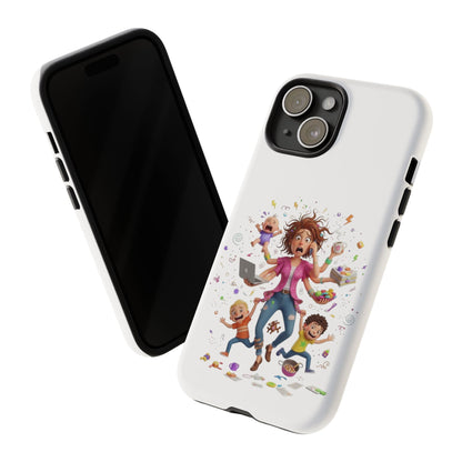 iPhone Phone Case — Hectic Mom Cartoon Design (Multitasking Mother, Kids & Chaos)
