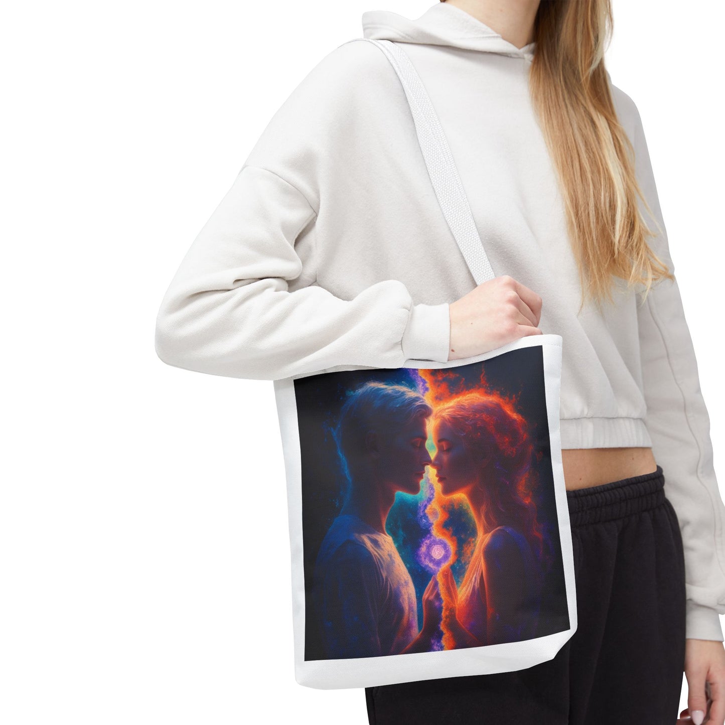 Cosmic Lovers Tote Bag — Flame & Ice Couple Art AOP