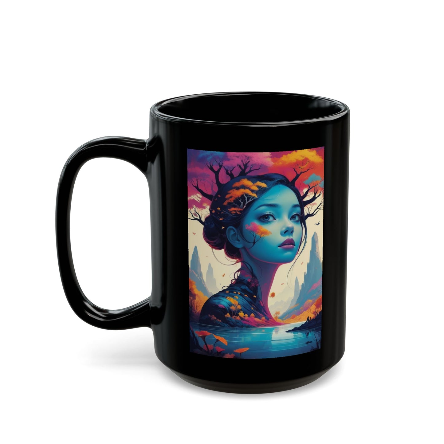 Künstlerisch gestalteter Fantasy-Becher – Design: Blaue Waldgöttin (325 ml/440 ml)