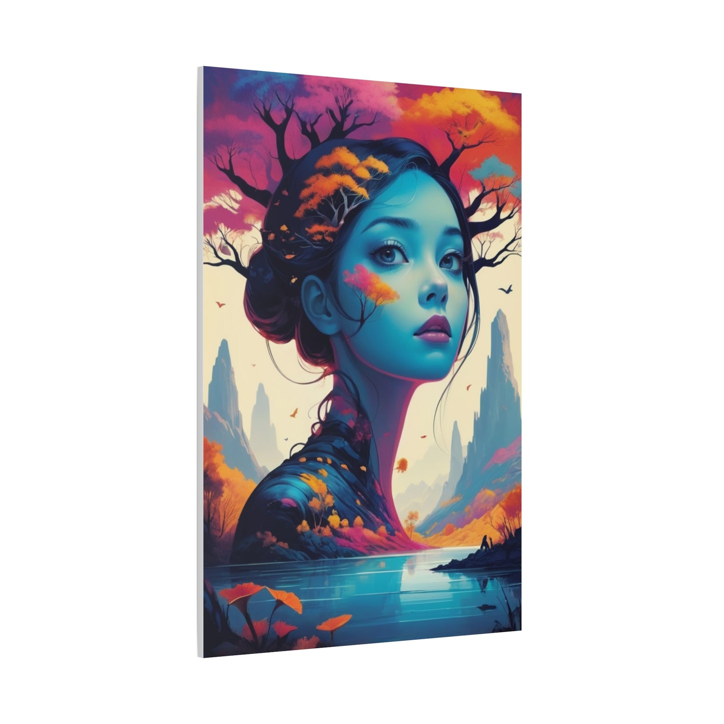 Surreal Blue Muse Matte Stretched Canvas Art — Dreamscape Portrait Wall Decor