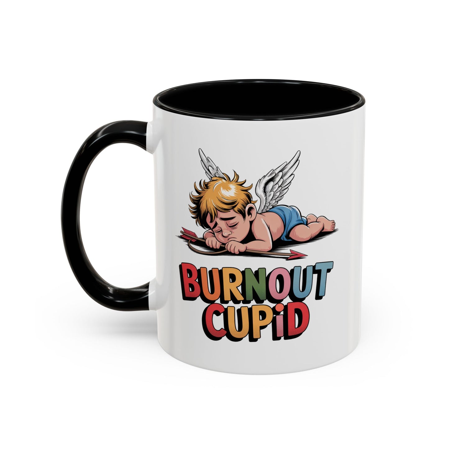 Burnout Cupid Coffee Mug — Cute Tired Cupid Accent Mug (11/15 oz)