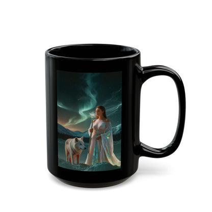 Taza negra de Mujer Mística y Lobo – Taza de café Aurora Fantasía (325 ml, 430 ml)