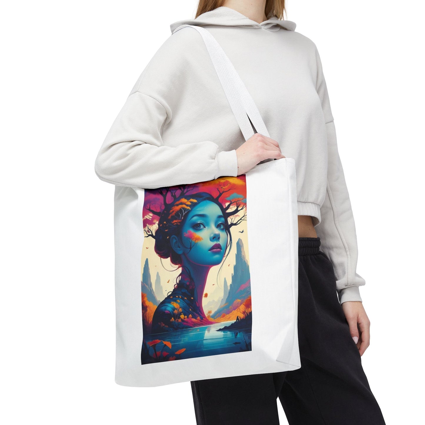Artistic Blue Forest Maiden Tote Bag - Surreal Portrait All-Over Print