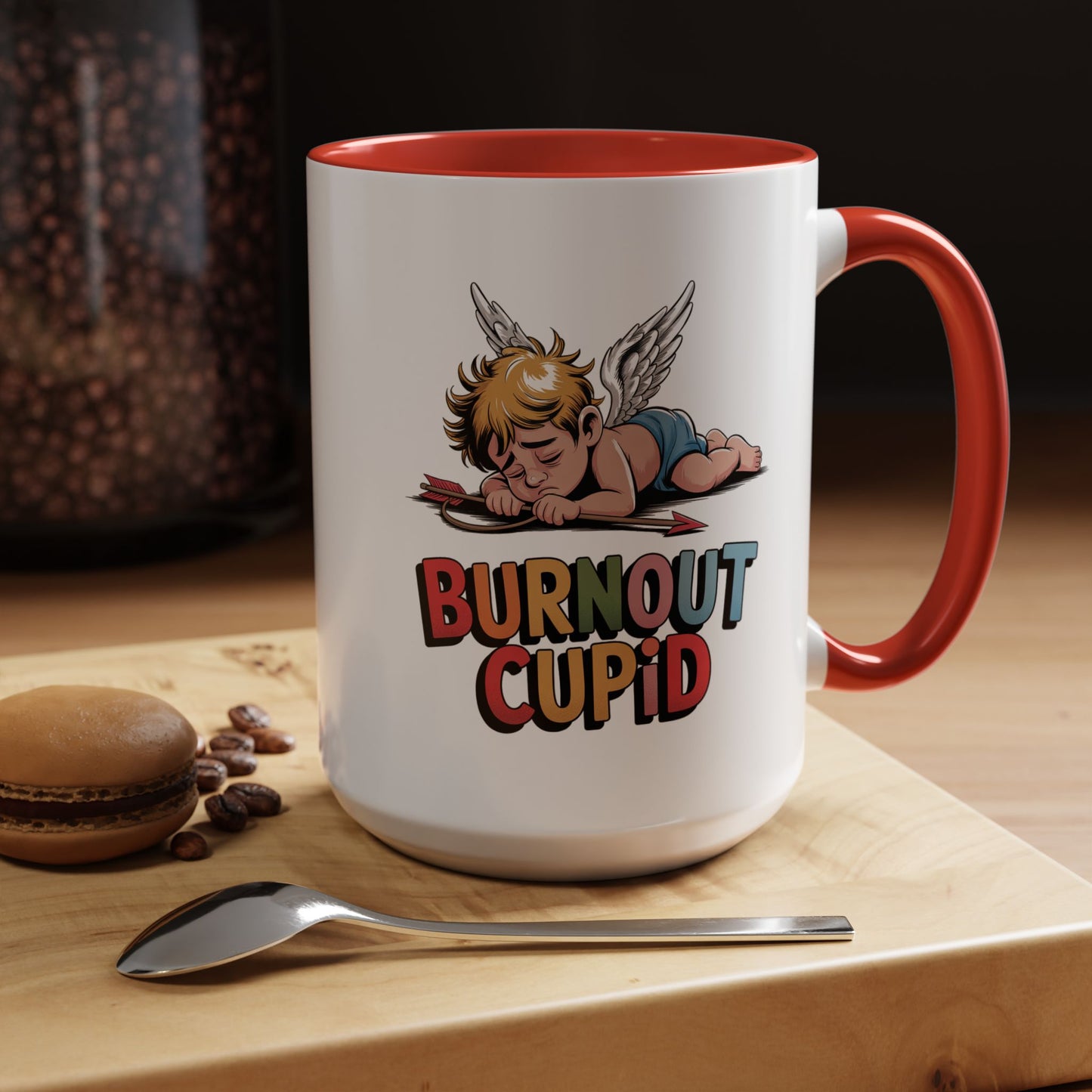 Burnout Cupid Coffee Mug — Cute Tired Cupid Accent Mug (11/15 oz)