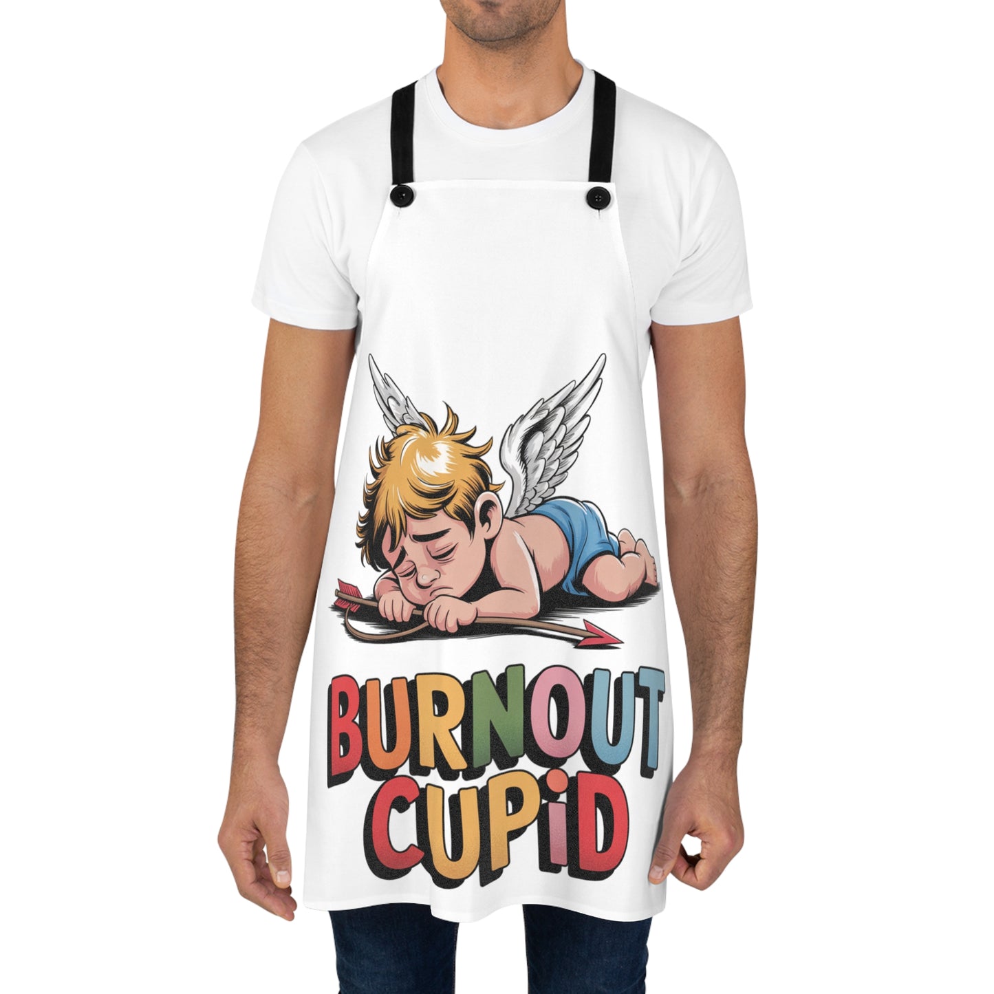 Burnout Cupid Apron — Cute Tired Cupid Graphic Cooking Apron