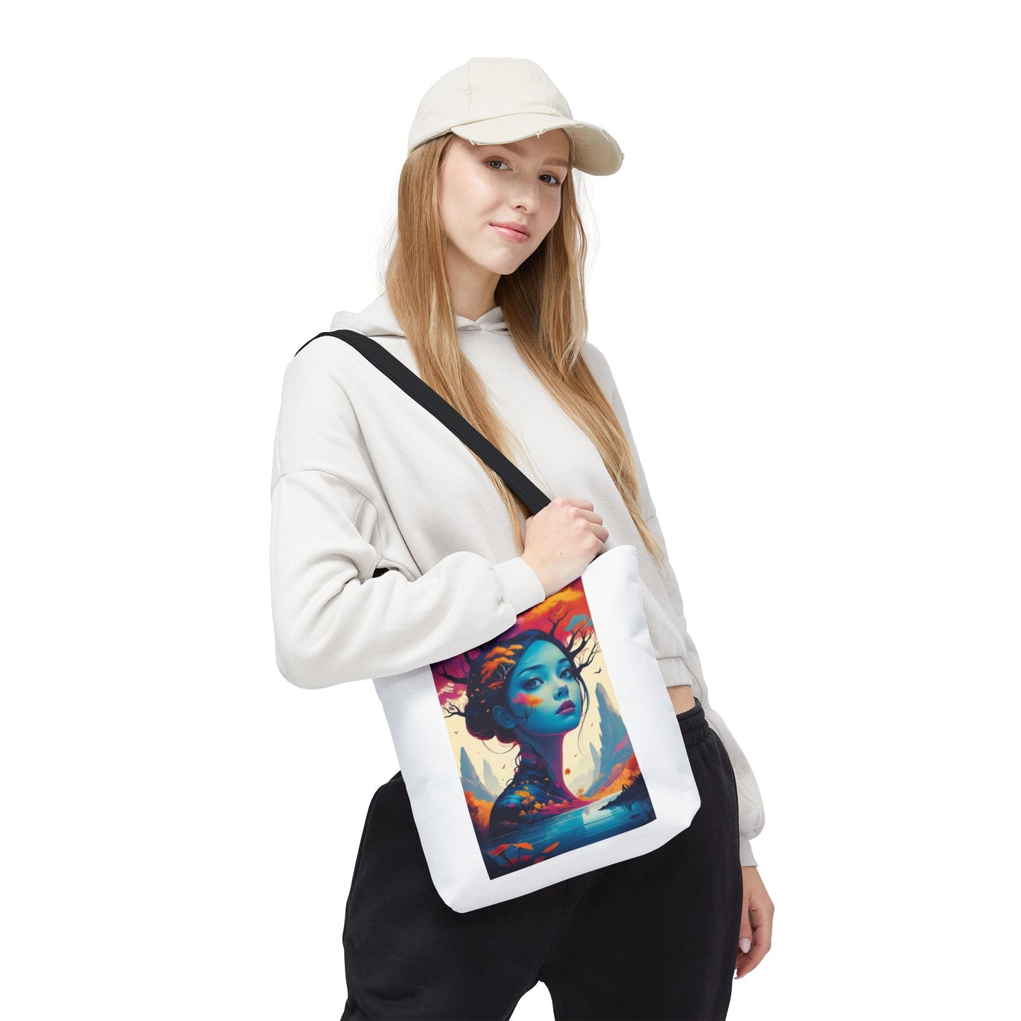 Artistic Blue Forest Maiden Tote Bag - Surreal Portrait All-Over Print