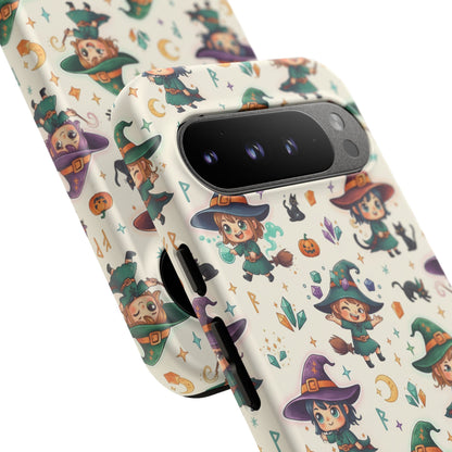 Google Phone - Cute Halloween Witch Phone Case – Cartoon Witches, Black Cats & Pumpkins
