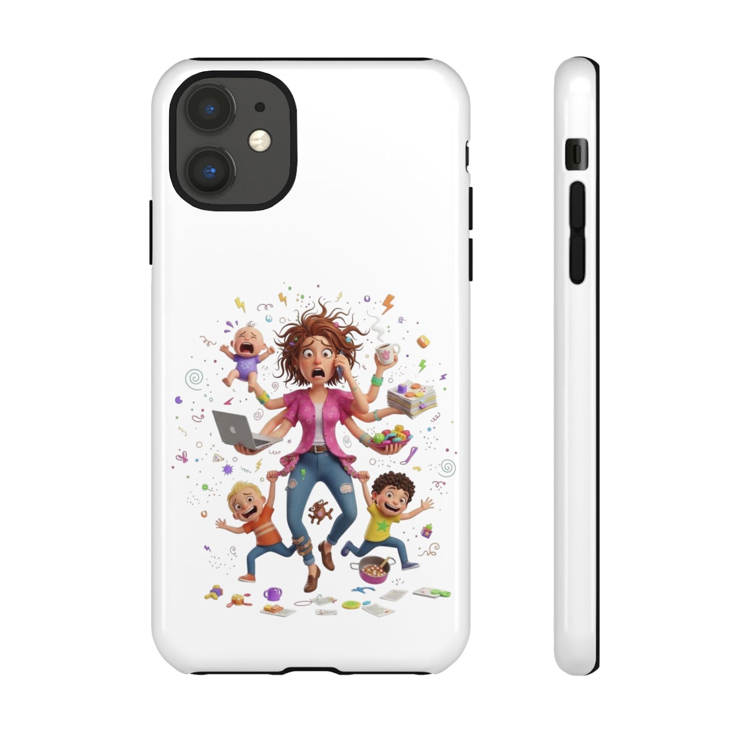 iPhone Phone Case — Hectic Mom Cartoon Design (Multitasking Mother, Kids & Chaos)