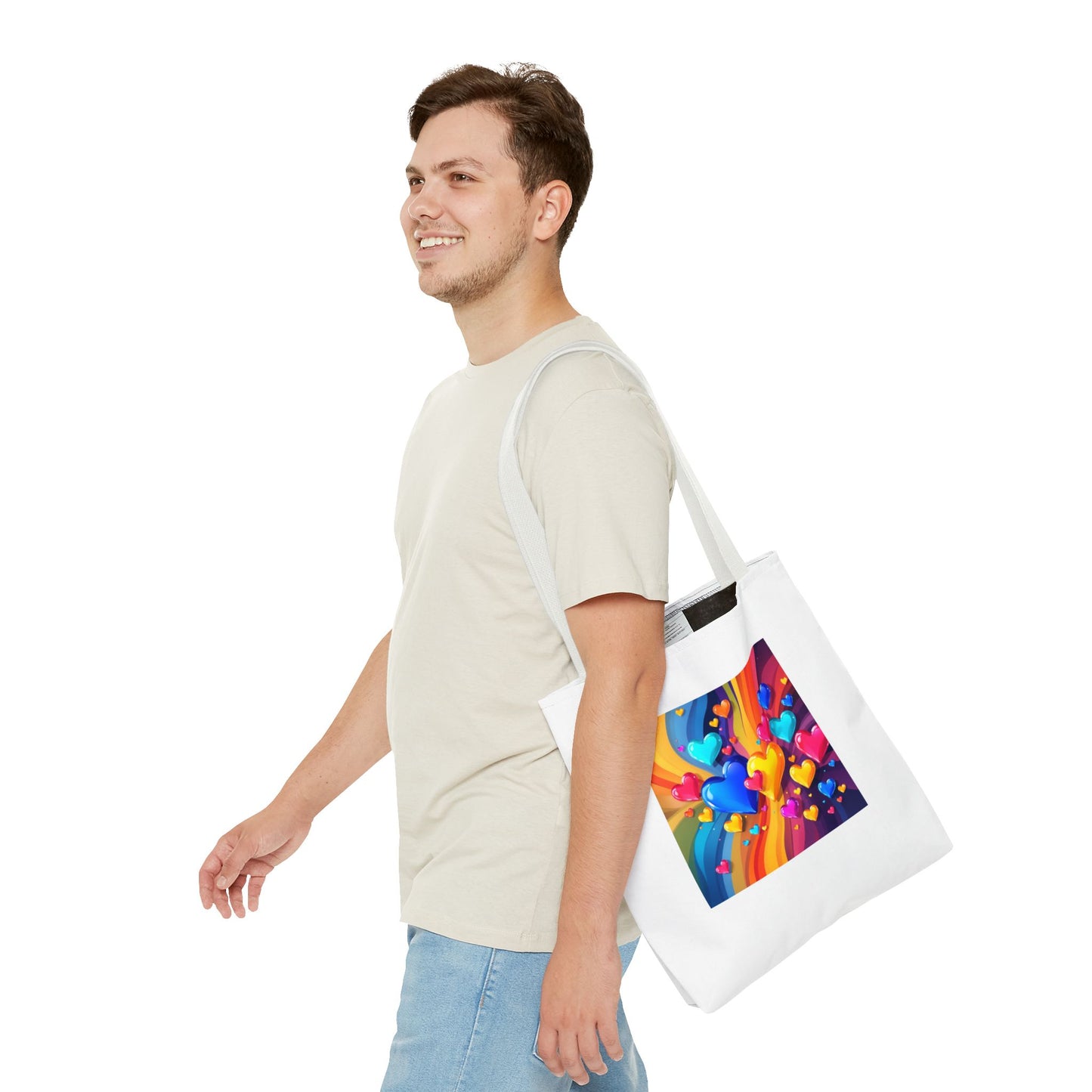 Colorful Heart Burst Tote Bag — Rainbow Love All-Over Print