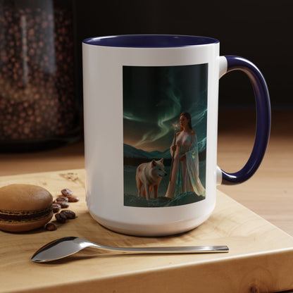 Taza de café Aurora Guardiana — Arte fantástico de mujer con lobo