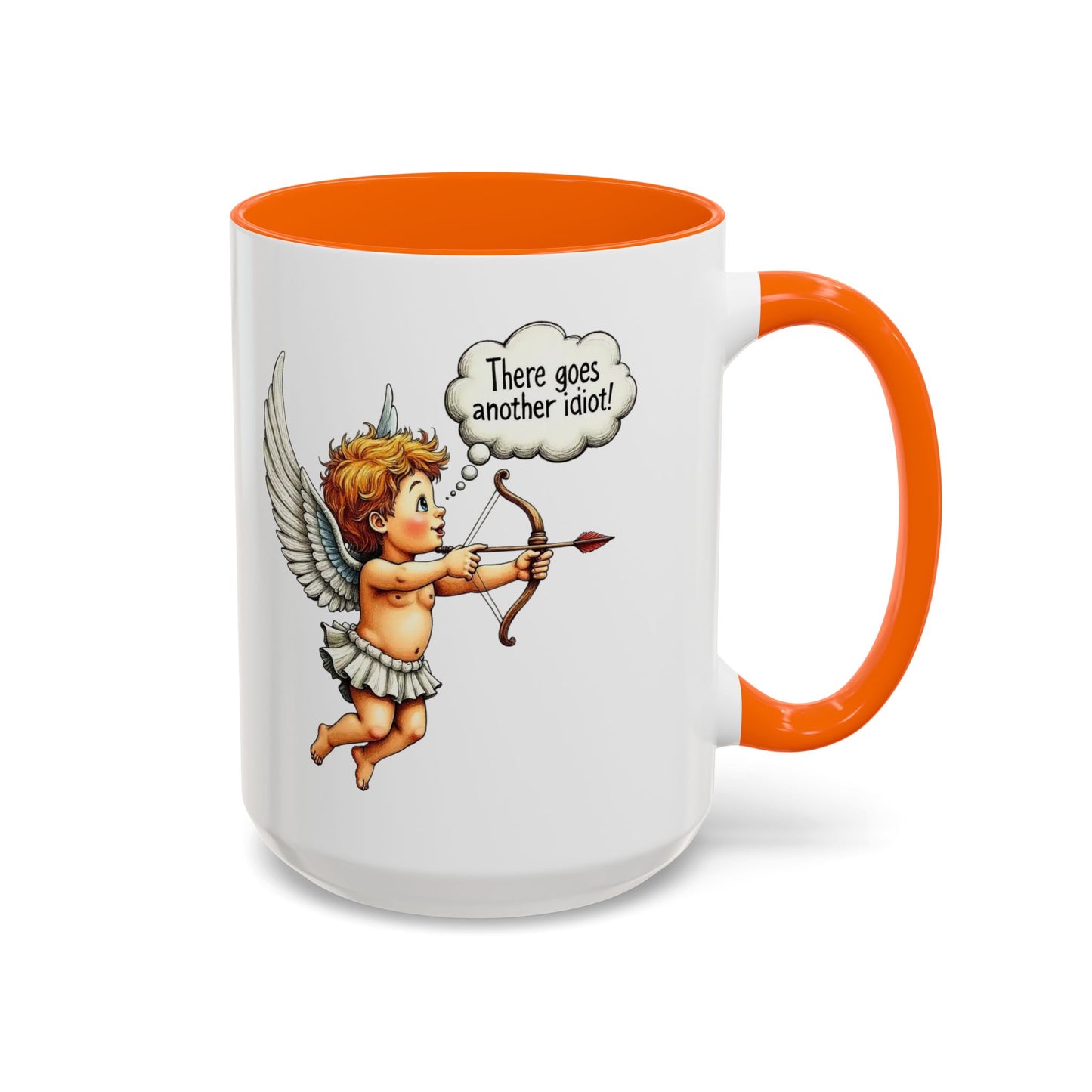 Cupid Coffee Mug — Vintage Cherub Saying "There goes another idiot!" Accent Mug