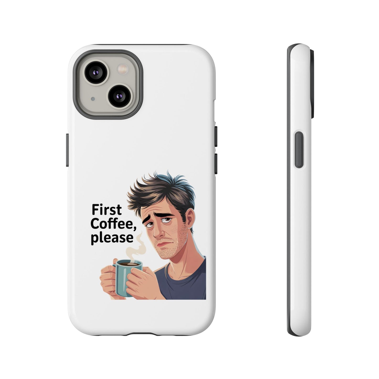 Funda para iPhone: "Primer café, por favor". Ilustración divertida del café de la mañana.
