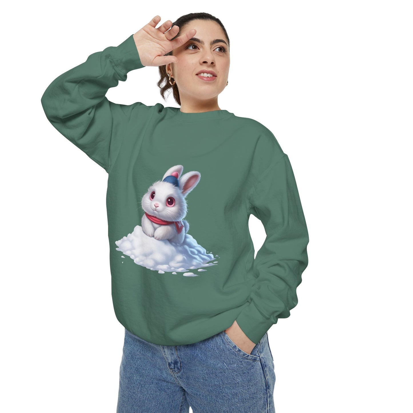 Cute Bunny Sweatshirt — White Bunny on Snow Graphic Crewneck
