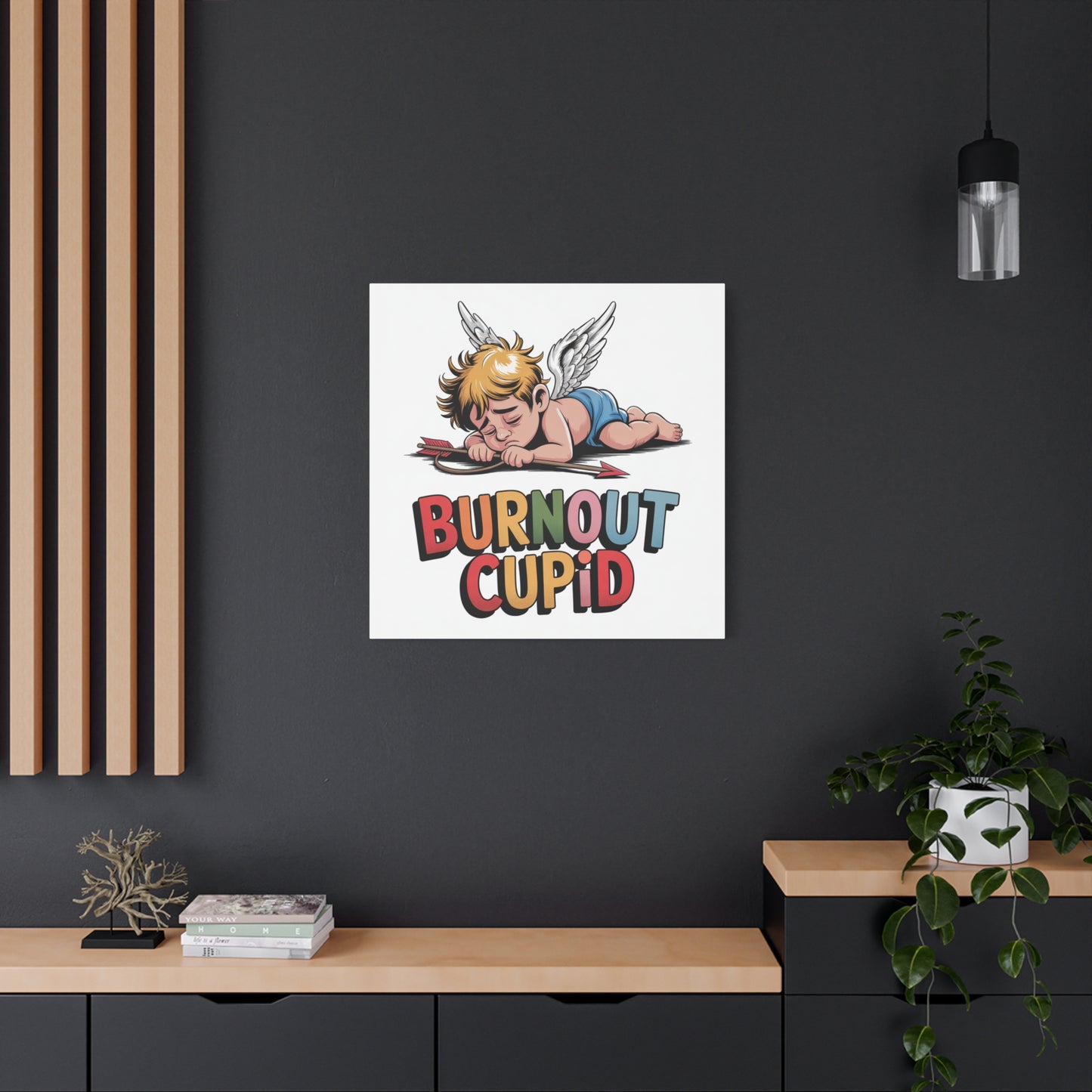 Burnout Cupid Matte Canvas Wall Art — Tired Cupid Illustration for Valentine’s Day, Self-Care & Humor