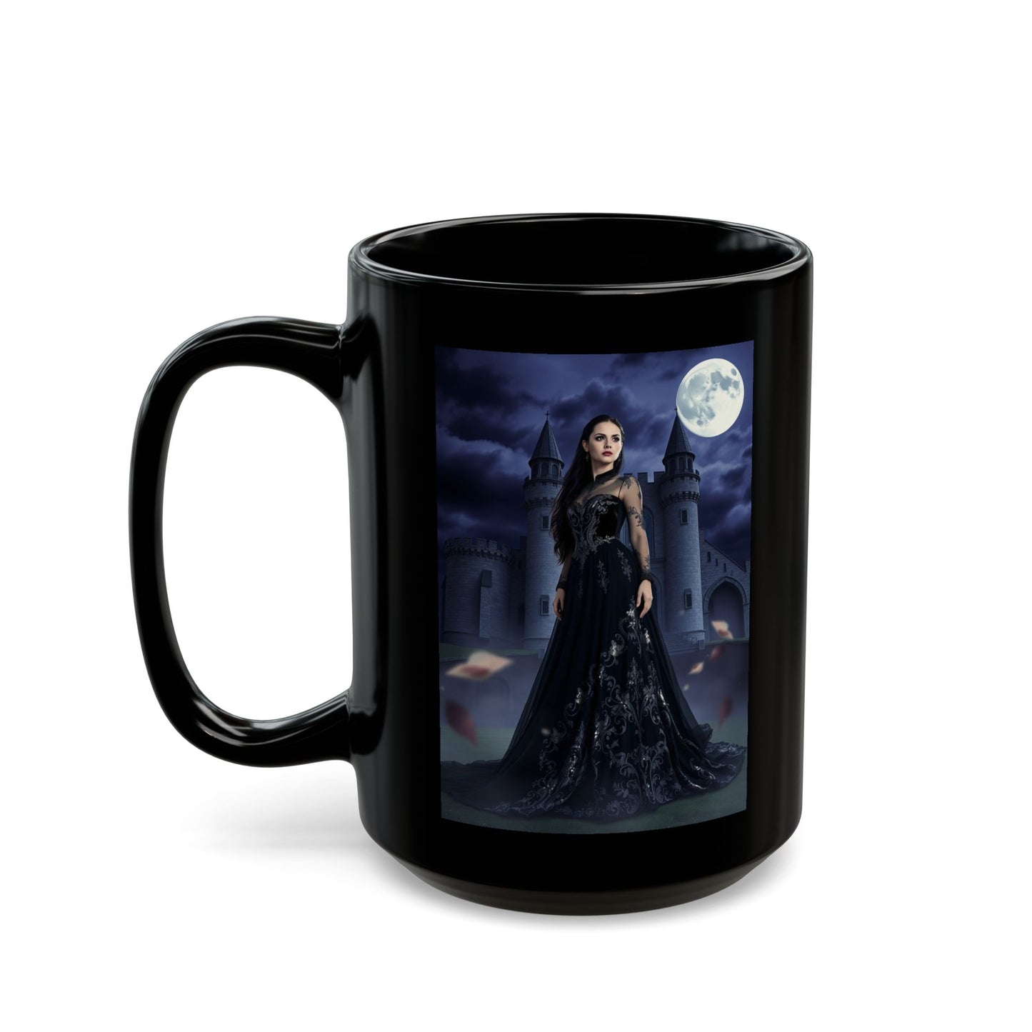 Gothic Moonlit Witch Black Coffee Mug — Dark Castle Night Scene (11oz/15oz)