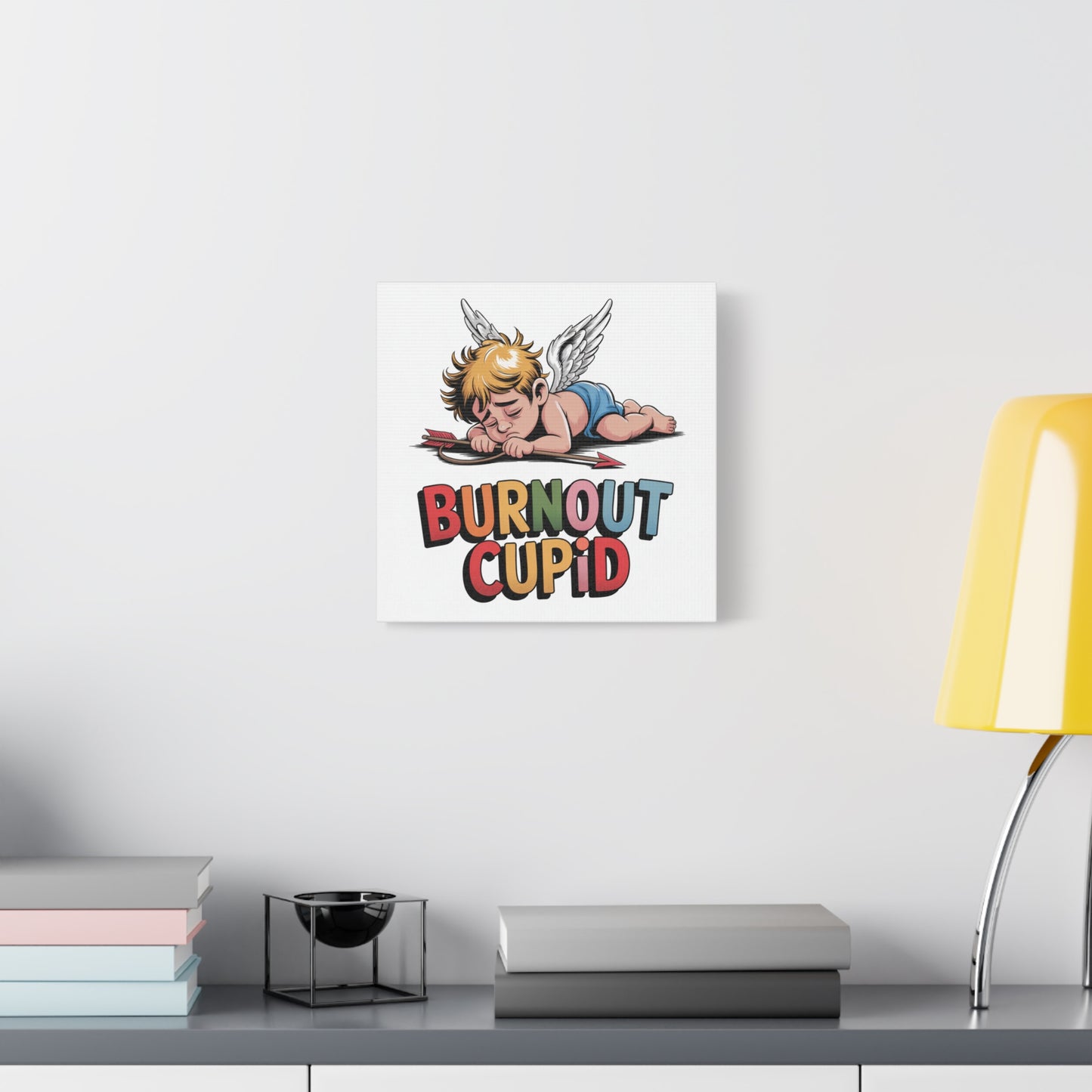 Burnout Cupid Matte Canvas Wall Art — Tired Cupid Illustration for Valentine’s Day, Self-Care & Humor