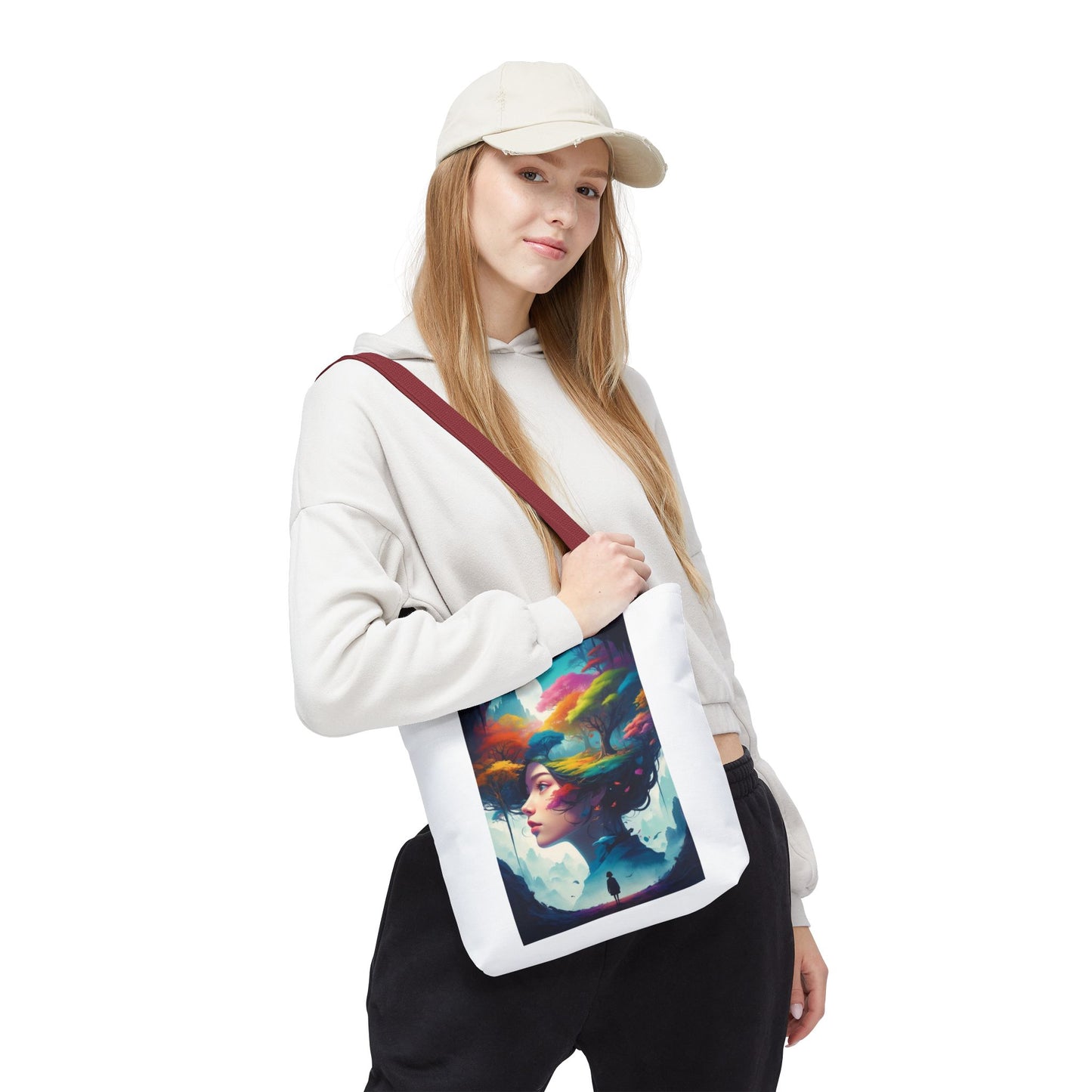 Surreale Traumlandschaft-Tragetasche – Bunte Frau &amp; Waldmotiv