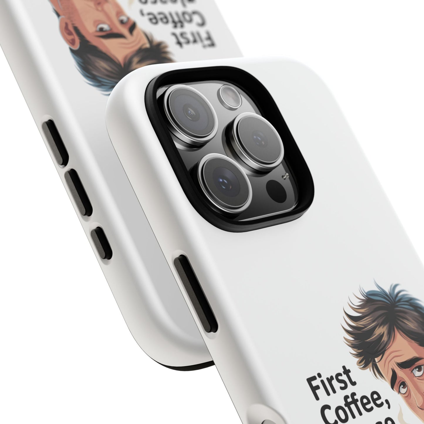 Funda para iPhone: "Primer café, por favor". Ilustración divertida del café de la mañana.