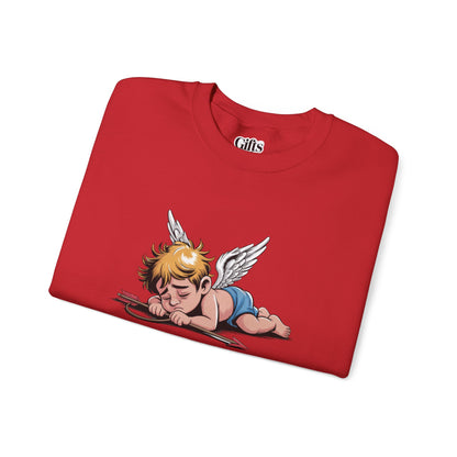 Burnout Cupid Sweatshirt — Tired Cupid Graphic Crewneck for Valentine’s Day