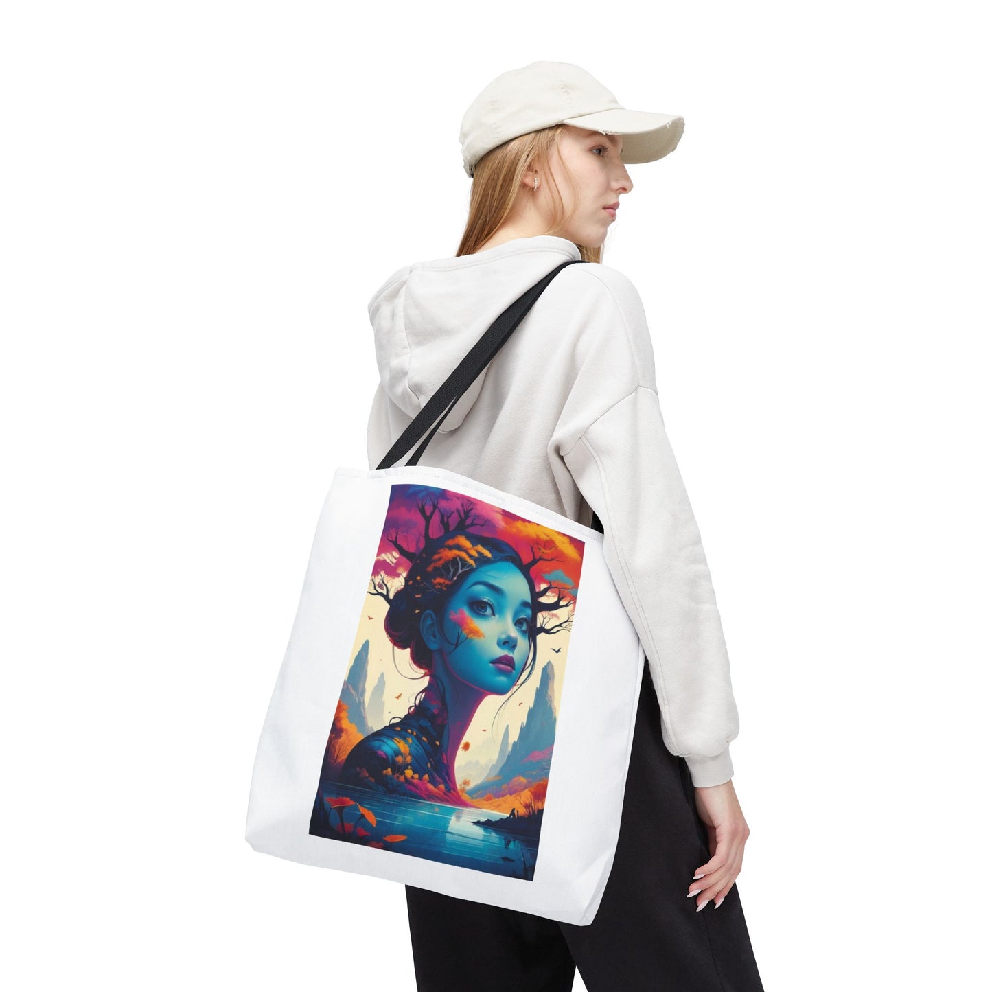 Artistic Blue Forest Maiden Tote Bag - Surreal Portrait All-Over Print