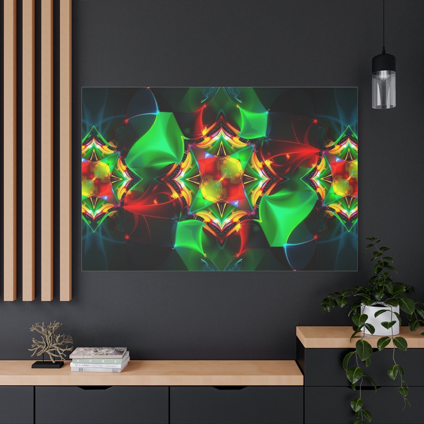 Kaleidoscope Abstract Matte Canvas Wall Art — Vibrant Green & Red Stretched Print