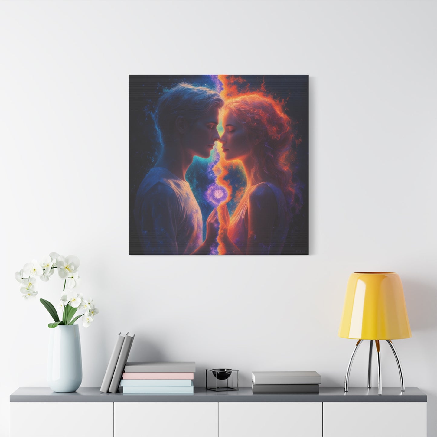 Yin Yang Lovers Matte Canvas Art — Romantic Blue & Orange Couple Wall Decor