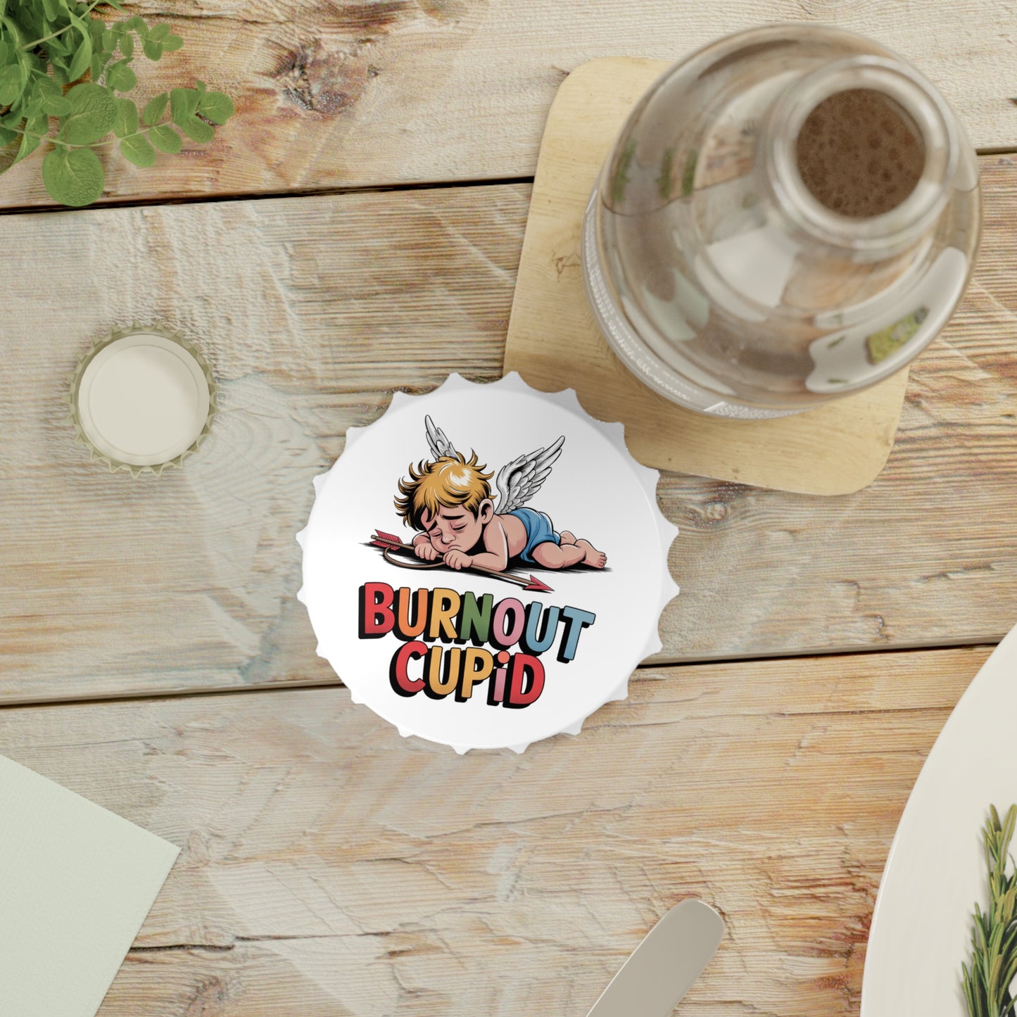 Bottle Opener — "Burnout Cupid" Funny Cute Sleeping Cupid Design, Novelty Valentine’s Day Bar Tool