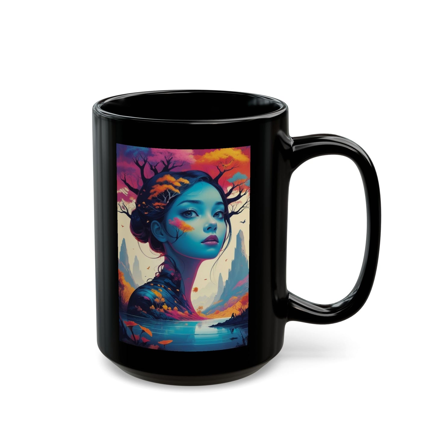 Künstlerisch gestalteter Fantasy-Becher – Design: Blaue Waldgöttin (325 ml/440 ml)