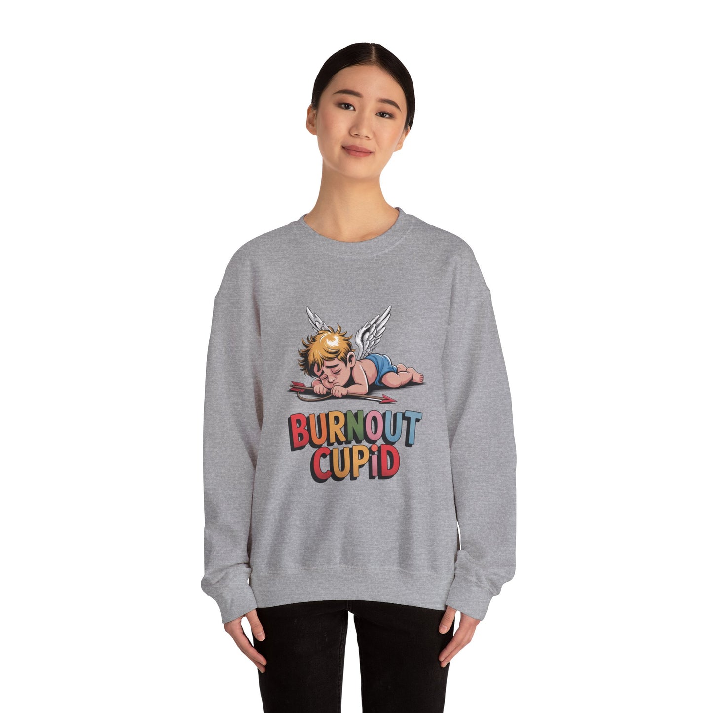 Burnout Cupid Sweatshirt — Tired Cupid Graphic Crewneck for Valentine’s Day