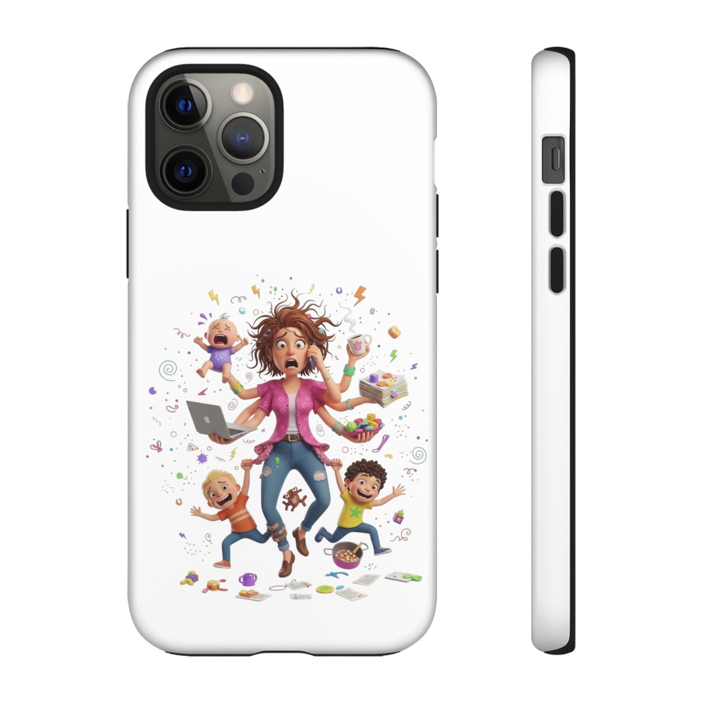 iPhone Phone Case — Hectic Mom Cartoon Design (Multitasking Mother, Kids & Chaos)