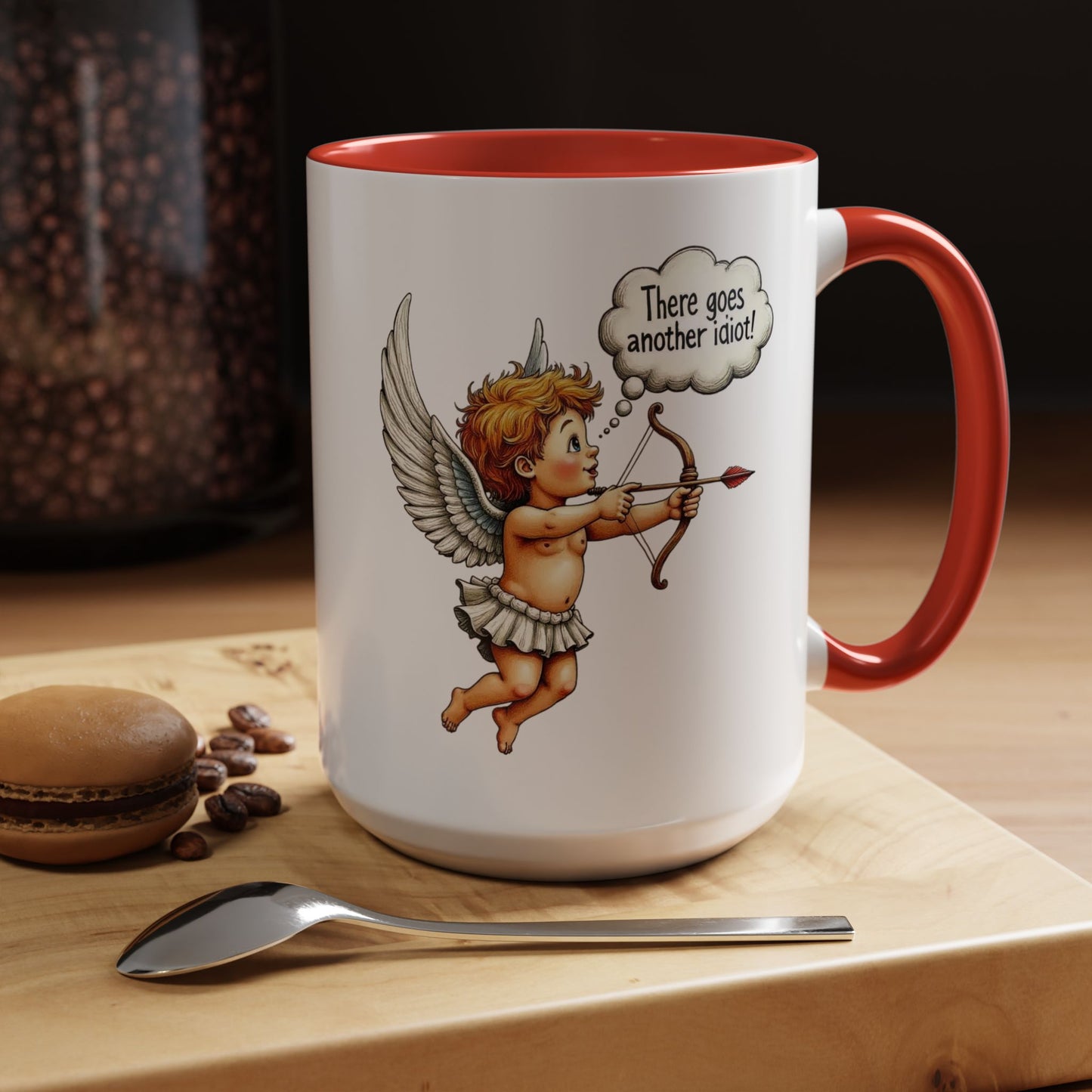 Cupid Coffee Mug — Vintage Cherub Saying "There goes another idiot!" Accent Mug